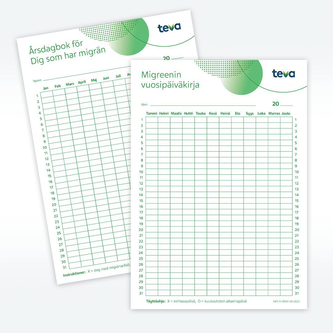 Migreenin vuosipäiväkirja sekä suomenkielinen että ruotsinkielinen versio